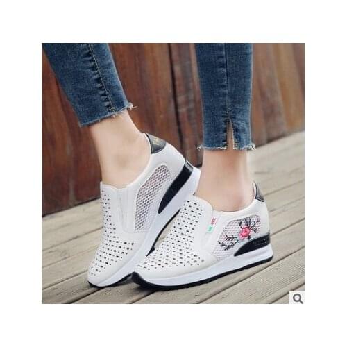 2020Women Comfortable Casual Shoes Summer Slip on Loafers Mixed Colors Hollow Out Increasing Internal Height Sneakers