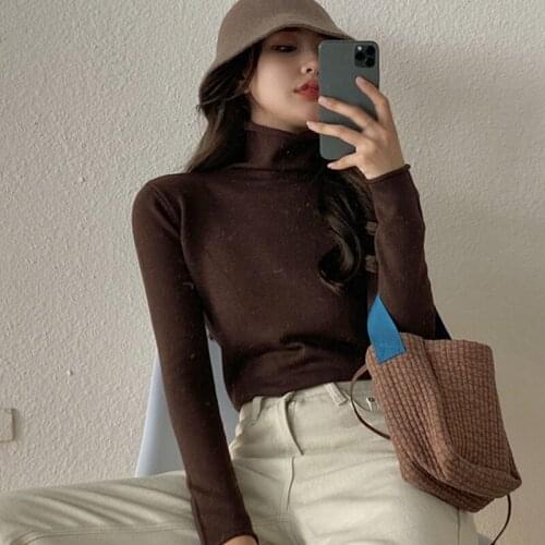 Women Solid Pullover Sweater Shirt Pull Up Long Sleeve Jumper Autumn Women High-neck Sweaters Pullovers