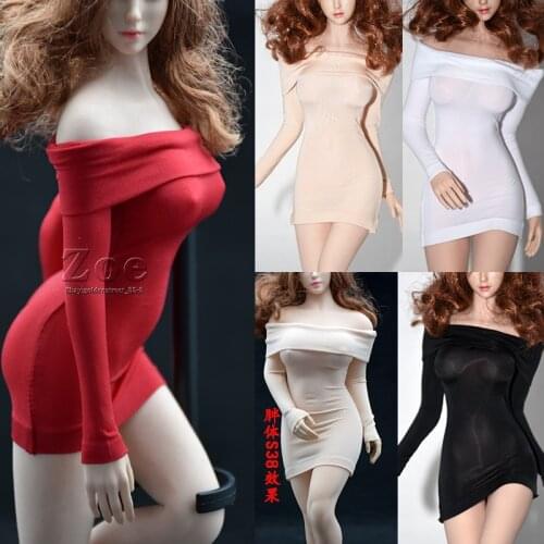 1/6 Women Soldier Ice Silk Off Shoulder Dress Red Sexy Dress for 12 Inches Tbleague S38/S39 S07C Large Breast Body Figure