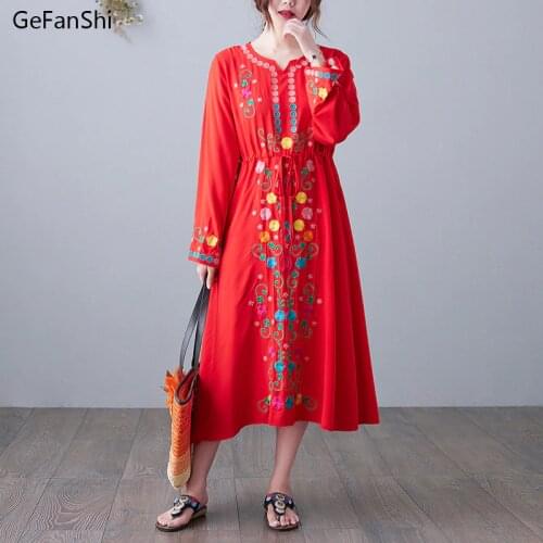 2021 New Spring Summer Womens Dress Plus Size Vintage Casual Fashion Embroidery V-neck Office Elegant Ladies Dresses Yellow Red