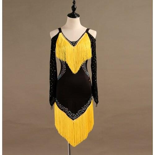 2018 Women Tassel Latin Dance Dress Long sleeve Rhinestone Dance Performance Dress Samba