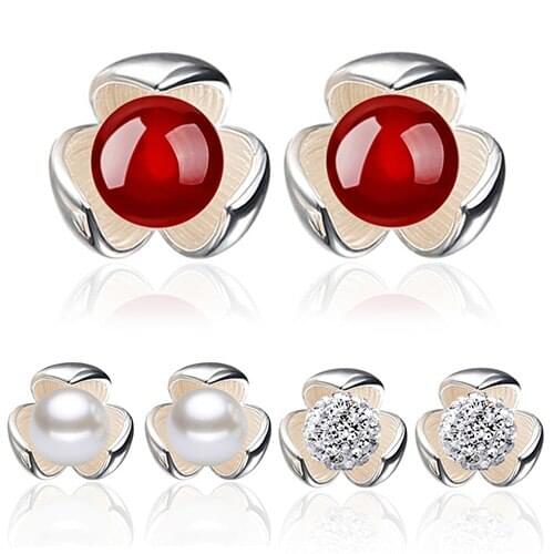Flower Silver Plated Ear Studs Rhinestone Red Ball Earrings Wedding Jewelry ARPM