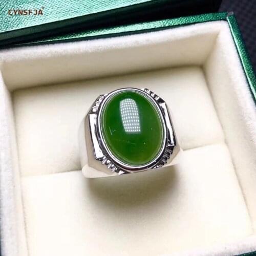 CYNSFJA New Real Certified Natural Hetian Jade Jasper Mens Rings 925 Sterling Silver Lucky Amulet Russian Green Jade Gemstone