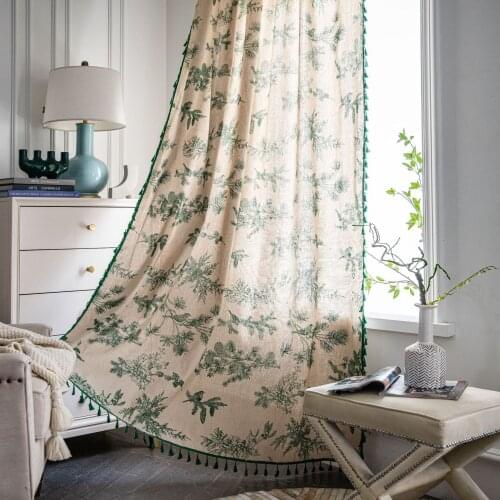 Green Leaf Bird Flower Curtain For Bedroom Living room Cotton Linen Printed Decorative Curtains with Tassel Home Decoration