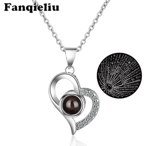 Fanqieliu Lovly Heart Rhinestone Jewelry Micro Carving Projection One Hundred Languages I Love You Necklace For Women FQL20031