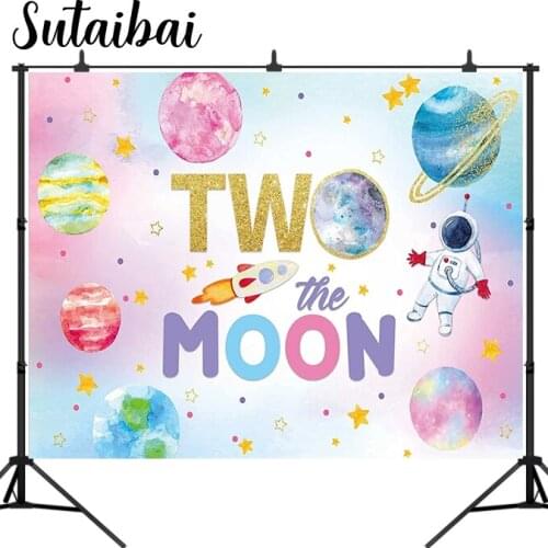 Two The Moon Backdrop Outer Space 2nd Birthday Girl Party Supplies Rocket Astronaut Stars Planet Theme Background Photobooth