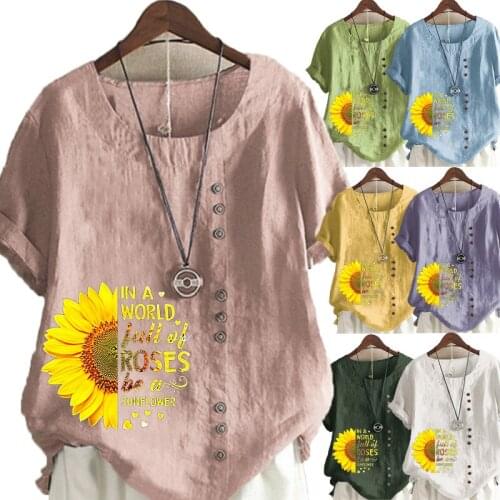 Summer Womens Casual Sunflower Print Loose T-shirt Retro Cotton and Linen O-neck Plus Size Short-sleeved Womens Top S-5XL