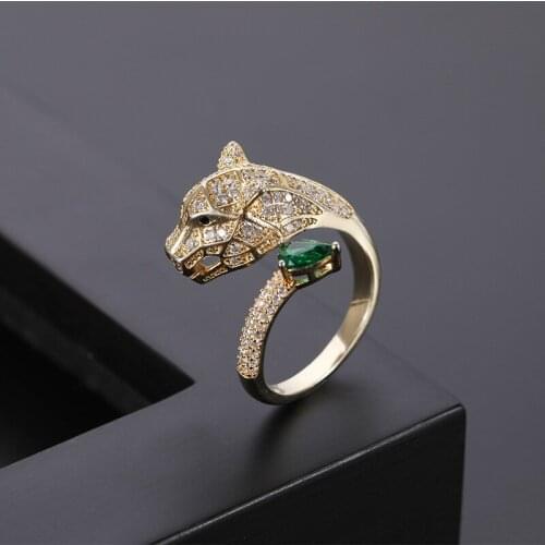 Fashion personality leopard head design gold zircon wedding ring men and women open ring fashion jewelry wholesale