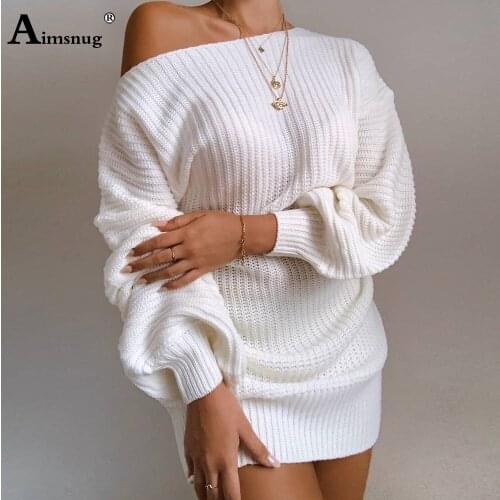 Solid Color Dress Womens Sweaters Oblique shoulder 2020 Autumn Winter New Tunic Dresses White Gray Loose knitting Pullovers