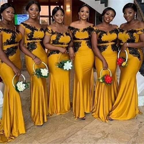 Yellow Off the Shoulder Bridesmaid Dresses Elastic Satin Lace Top Appliques Bridemaid Dress for Wedding Party Dress In Stock