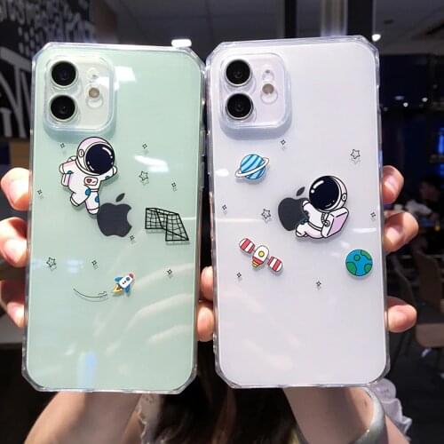 Funny Cute Cartoon Astronaut Clear Phone Case For iPhone 12 Pro Max 11 X XS XR 7 8 Plus Couple Transparent Soft Shockproof Cover