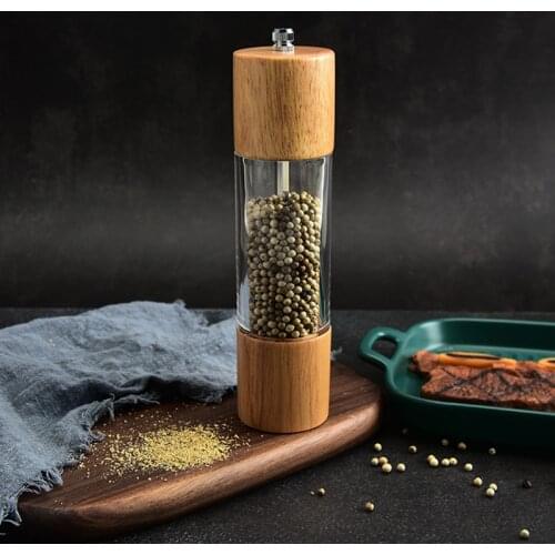 Wooden Pepper Grinder Transparent Bottle Manual Salt Spice Grinder With Adjustable Ceramic Grinding Core Kitchen Cooking Tools