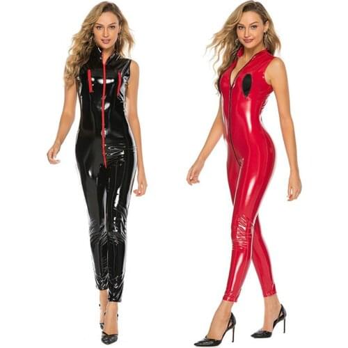 Sexy Lingerie Leather Jumpsuit Female Bodysuit Plus Size Erotic Latex Catsuit Women Bodycon Leotard Open Crotch Double Zipper