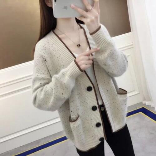 V-neck pocket loose knit cardigan womens autumn and winter 2021 new fashion casual Korean sweater coat all-match
