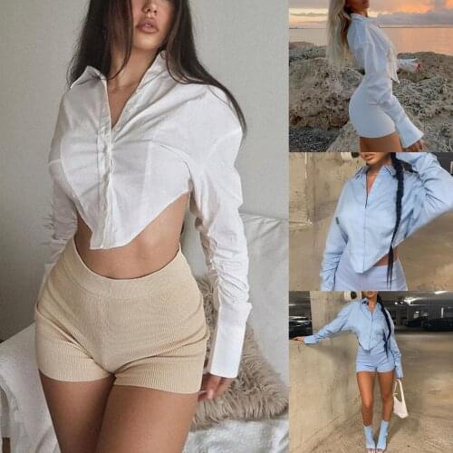 Irregular Women Blouse Solid Color Long Sleeve Turn-down Collar Hem Tops Fashion Sexy Streetwear Shirt Tee