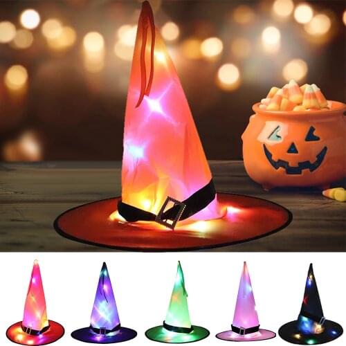 1pc Halloween Witch Hat With LED Light Glowing Hat For Outdoor Tree Hanging Ornament Home Glow Party Decorations Cosplay Props