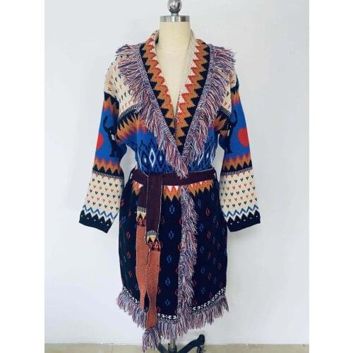 2020 Autumn High Quality Women Jacquard Tassel Cardigans Female Bohemian Style Knitted Jacket Coat Sweater Winter