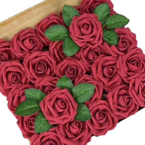 25pcs Faux Rose Flower with Stem Wedding Artificial Flowers Decorations 8cm Foam Bouquet for Home Deorative Fake Rose Floral