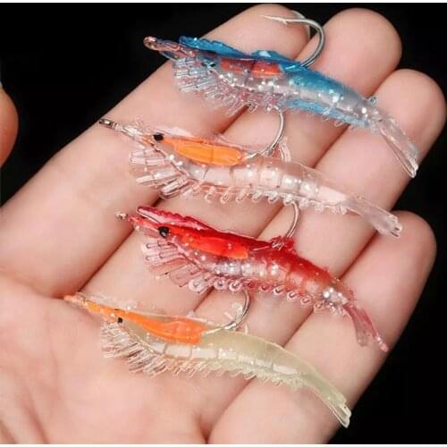 4 PCs Luminous Shrimp Fake Baits Soft Simulation Prawn Lure Fishy Smell Artificial Trout Bait with Single Hook Sea Fishing Tools