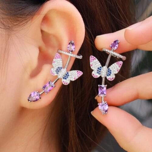 CWWZircons Symmetrical Purple Cubic Zirconia Lovely Butterfly Ear Cuff Climber Stud Earring for Women Fashion Punk Jewelry CZ874