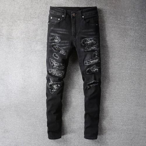 American Streetwear Fashion Men Jeans Black Elastic Ripped Jeans For Men Slim Fit Patches Designer Hip Hop Denim Punk Pants