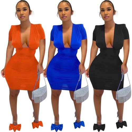 Echoine Summer Solid Color Bodycon Dress Deep V Neck Short Sleeves Slim Package Hip Mini Dress Office Lady Wear Outfits 3 Colors