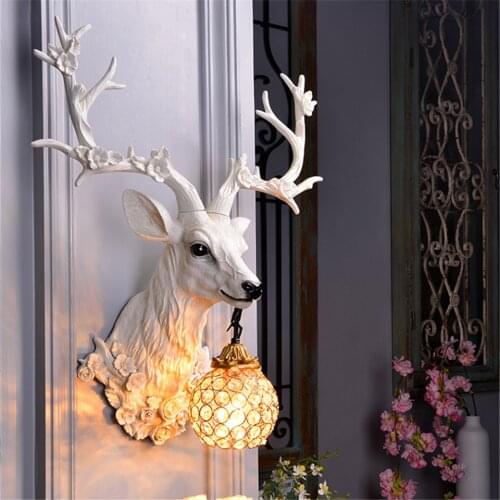European Retro Deer Head Wall Lamp Rural Deer Horn Bedroom Bedside Lamp Personalized Bar Living Dining Room Porch Corridor Light