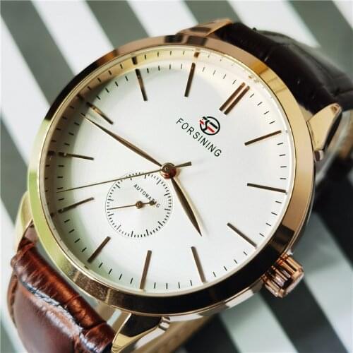 Forsining 2020 Luxury Mens Mechanical Watch Rose Gold Case Sub Dial Sport Watches For Men Genuine Leather Gentleman Clock Reloj