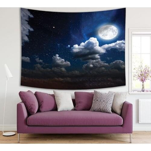 Tapestry Night Sky with Glowing Stars Full Moon and Clouds Magical Space Galaxy Moonlight Scenery Blue White