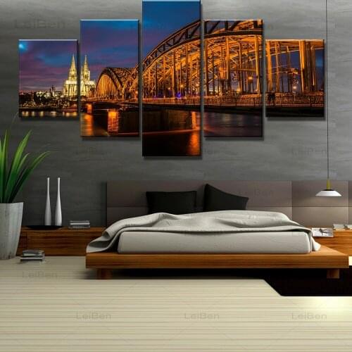 Five Pieces Hd Night Scene Print Canvas Painting Large Bridge To Cathedral Art Wall Poster Home Decoration Mural Without Frame