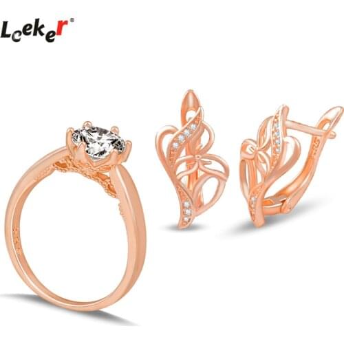 LEEKER Hot Fashion 585 Rose Gold Color Jewelry Sets Vintage Hollow flower butterfly Earrings Lace Bride Wedding Rings 047 LK6