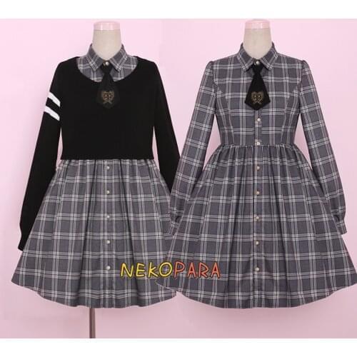 Bear School Cute Womens Preppy Style Plaid Checks Long Sleeve Dress with Necktie & Black Sweater Warm