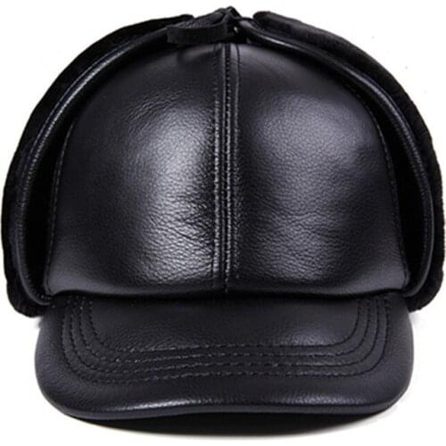 Natural genuine leather cap mens cowhide leather baseball caps warm earmuffs hats for elderly winter thick velvet winter hat