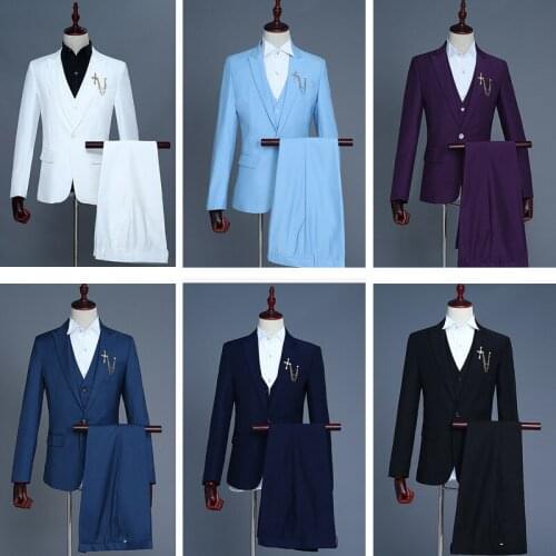 Grooms Dress Waistcoat Three-piece Set Coat Pants Blazer Men Suits 2019 Smart Casual White Red Pink Blue Black Suit for Men