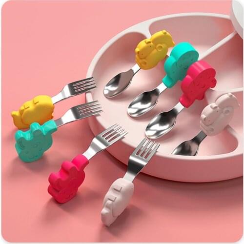 Soft Spoon Fork for Baby Feeding Baby Tableware Set Utensil Stainless Steel Toddler Dinnerware