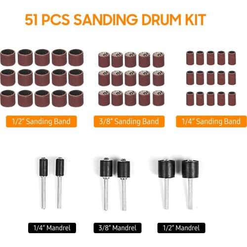 51PCS Sanding Drum Kit for Power Rotaty Tool with 45 Sanding Bands 6 Mandrels 120 Grit Sanding Sleeves for Polishing Grinding