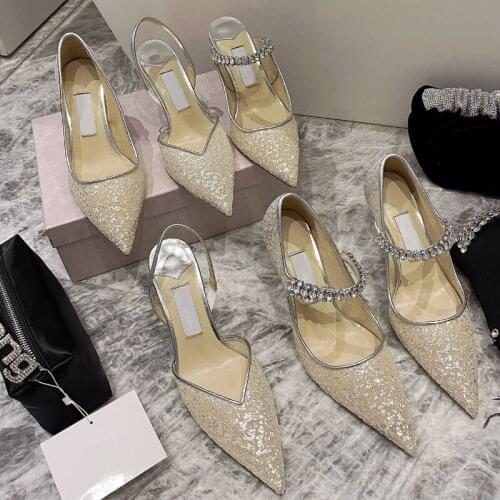 2021 Summer New Pointed Rhinestone Chain Sequined Fairy Style Mary Jane Stiletto High Heel Wedding Shoes