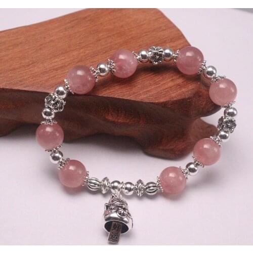 New Pure 925 Sterling Silver Bracelet 10mm Strawberry Quartz Bead Fortune Cat Charm Bracalet Symbol Of Love