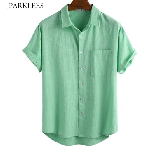 Solid Green Linen Summer Men Shirt Casual Loose Shirts for Men with Pocket Lapel Button Up Mens Short Sleeve Shirt Streetwear
