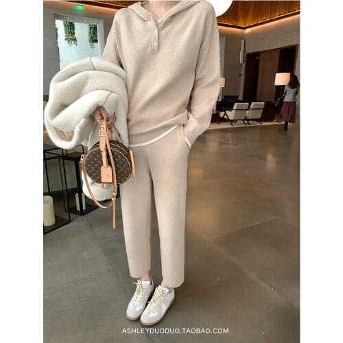 Autumn Winter Women Knitted Sweater 2 Pieces Sets Fleece Cotton Sportsuits Button Hoodies Sweatshirt&Pants Casual Knitwear Suits