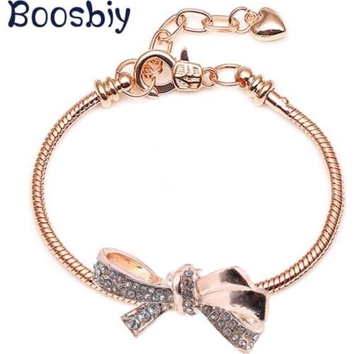 Dropshipping Rose Gold Crystal Bowknot Beads Charm Bracelet For Women Kids DIY Fashion Snake Chain Brand Bracelet Jewelry Gift
