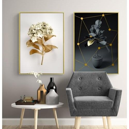 Modern Gold Black Floral Leaf Wall Art Point Line Canvas Painting Nordic Posters and Prints Pictures for Living Room Home Decor
