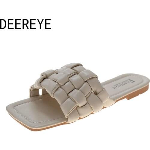 Comfortable Woven Flat Mules Sandals Square Toe Outdoor Casual Dress Shoes Womens Slippers For Summer 2021 New Luxury Designer