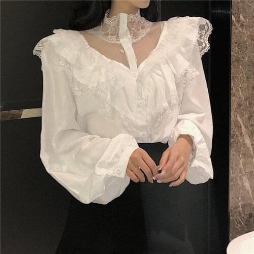 Bella philosophy spring Turtleneck Blouses Women Lace Patchwork Long Sleeve Shirts Female Solid Vintage Tops Korean Blusas Mujer