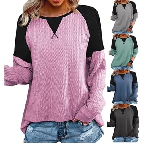 2021 Autumn Solid Patchwork Long Sleeve T Shirts Womens Causal Loose O Neck Fashion Shirts Tops Vintage Oversize Pullover Mujer