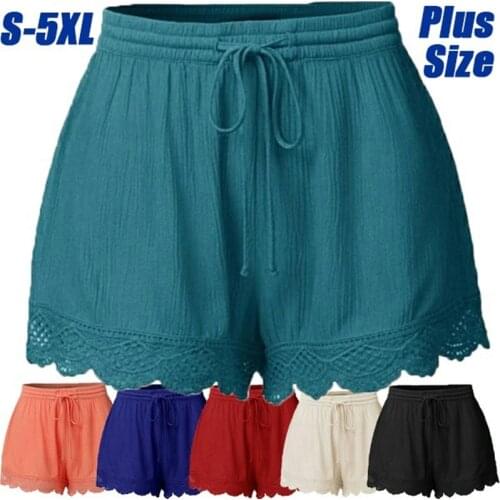 2020 Womens Shorts Casual Shorts Solid Color with Lace and Elastic Waist Sweatshorts Shorts Women High Waist Summer Plus Size