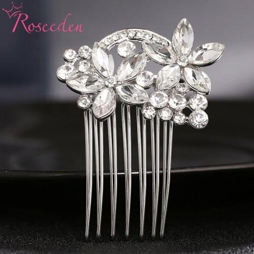 Elegant Crystal Wedding Hair Combs For Women Rhodium Plated Flower Hairpins Headpiece Bridal Hair Jewelry Accessories RE3380