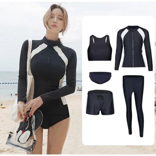 Women Long Sleeve Rash Guard Solid Multi Piece Swimsuit Zipper Swimwear 5 Sets Bathing Suits Black Beachwear Pads Long Pants