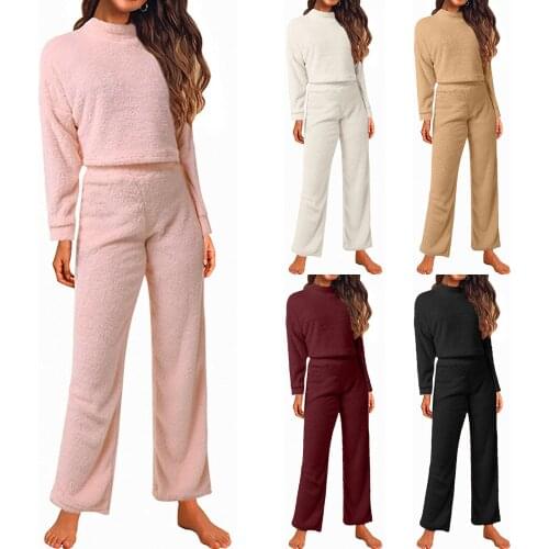 Women Plush Hooded Sweater Two Piece Set Fleece Cropped Long Sleeve Hoodies Pant Sets Female 2021 Autumn Lady Casual Home Suit