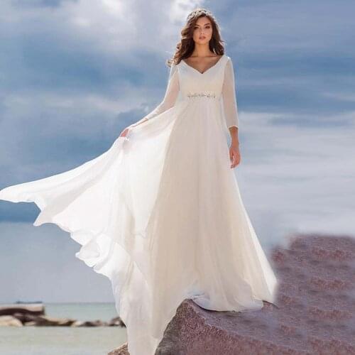 Elegant Plus Size Chiffon Bridal Gowns 2021 Simple V-neck Long Sleeve Chapel Train A Line Wedding Dress with Beading